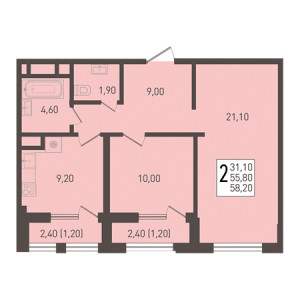 2 комнатная 58.2м²