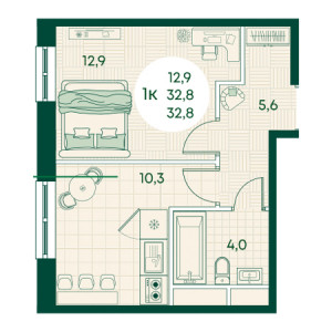 1 комнатная 32.8м²