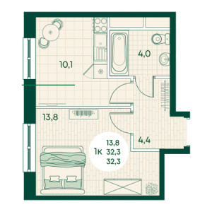 1 комнатная 32.3м²