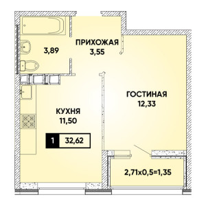 1 комнатная 32.62м²