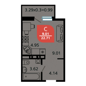 Студия 22.71м²