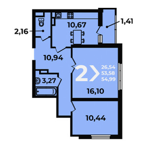 2 комнатная 54.99м²