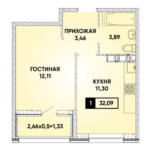 1 комнатная 32.09м²