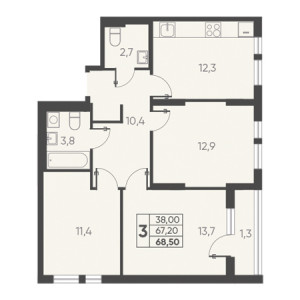 3 комнатная 68.50м²