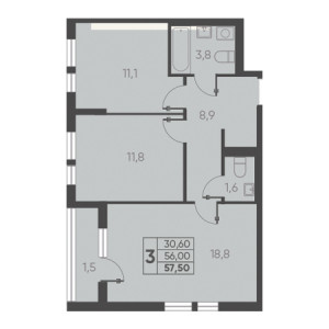 3 комнатная 57.50м²