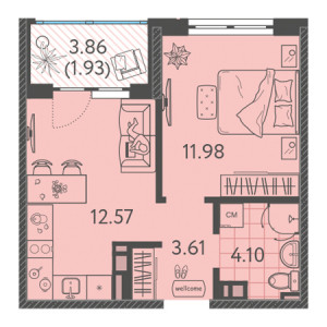 1 комнатная 34.19м²