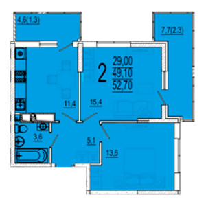 2 комнатная 52.7м²