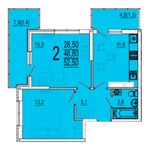 2 комнатная 52.5м²