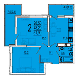 2 комнатная 51.9м²