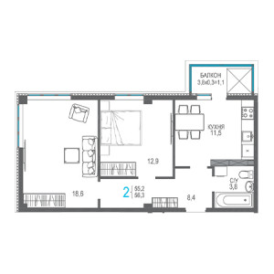 2 комнатная 56.3м²