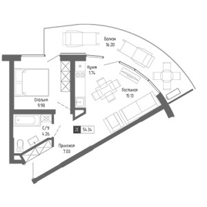 2 комнатная 54.34м²