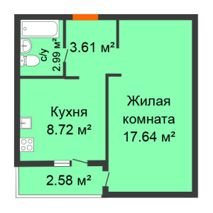 1 комнатная 34.25м²