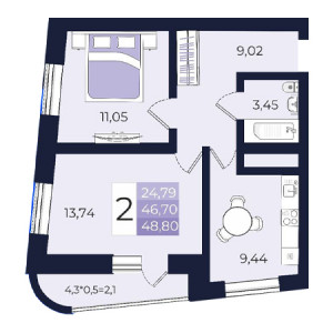 2 комнатная 48.8м²