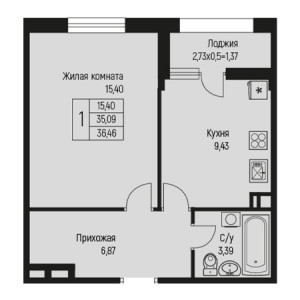 1 комнатная 36.46м²