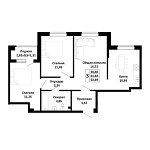 3 комнатная 62.49м²