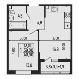 1 комнатная 40.9м²