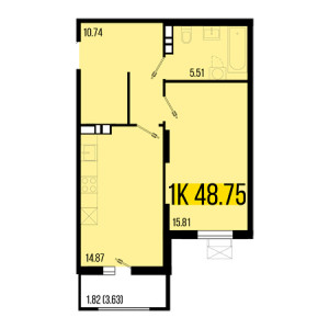 1 комнатная 48.75м²