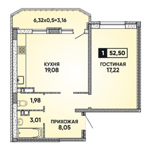 1 комнатная 52.5м²