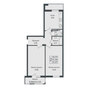 2 комнатная 52.97м²