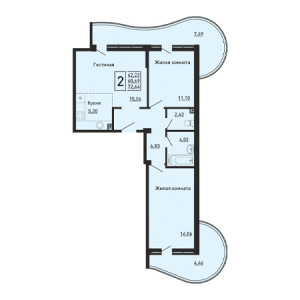 2 комнатная 72.64м²