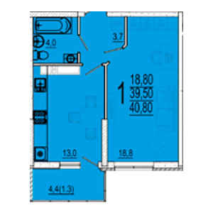 1 комнатная 40.8м²