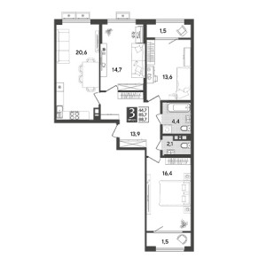 3 комнатная 88.7м²