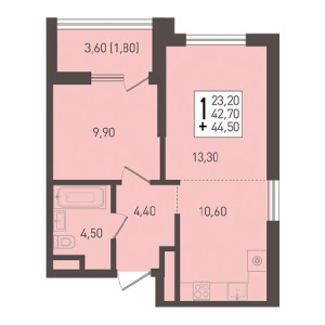 1 комнатная 44.5м²