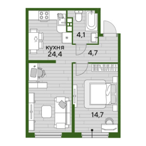 1 комнатная 47.9м²