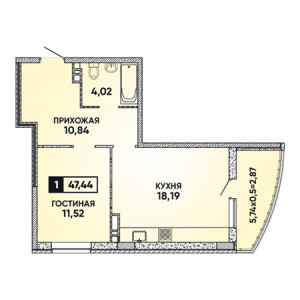 1 комнатная 47.44м²