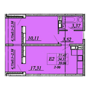 1 комнатная 39.06м²