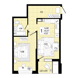 1 комнатная 47.27м²