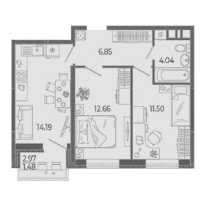 2 комнатная 50.72м²