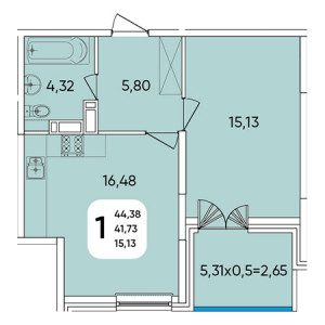 1 комнатная 44.38м²