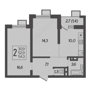 2 комнатная 54.3м²