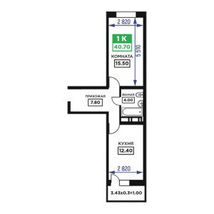 1 комнатная 40.7м²