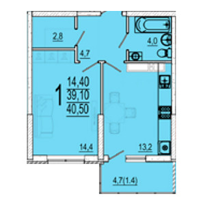 1 комнатная 40.5м²