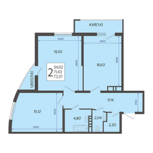 2 комнатная 73.37м²