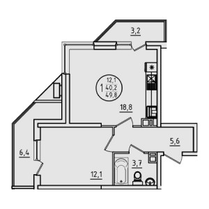 1 комнатная 49.8м²