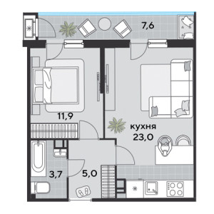 1 комнатная 51.2м²