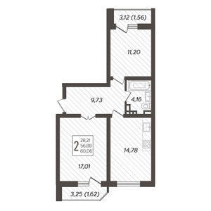 2 комнатная 60.06м²