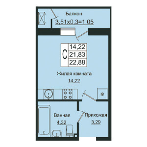 Студия 22.88м²