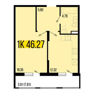 1 комнатная 46.27м²