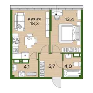 1 комнатная 45.5м²