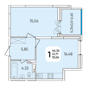 1 комнатная 44.36м²