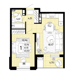 1 комнатная 43.53м²