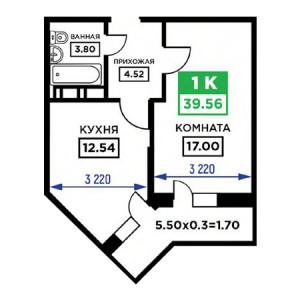 1 комнатная 39.56м²