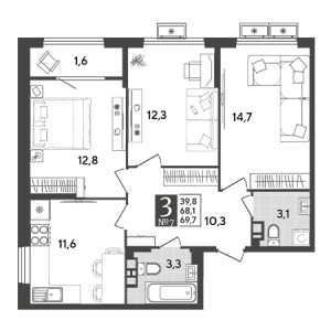 3 комнатная 69.7м²