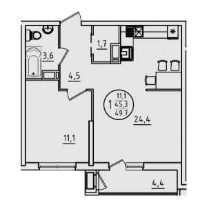 1 комнатная 49.7м²