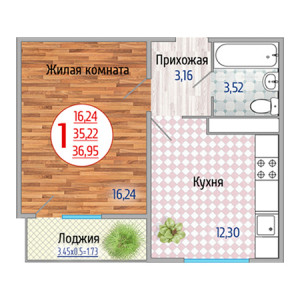 1 комнатная 36.95м²