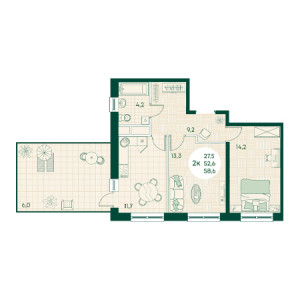 2 комнатная 58.6м²